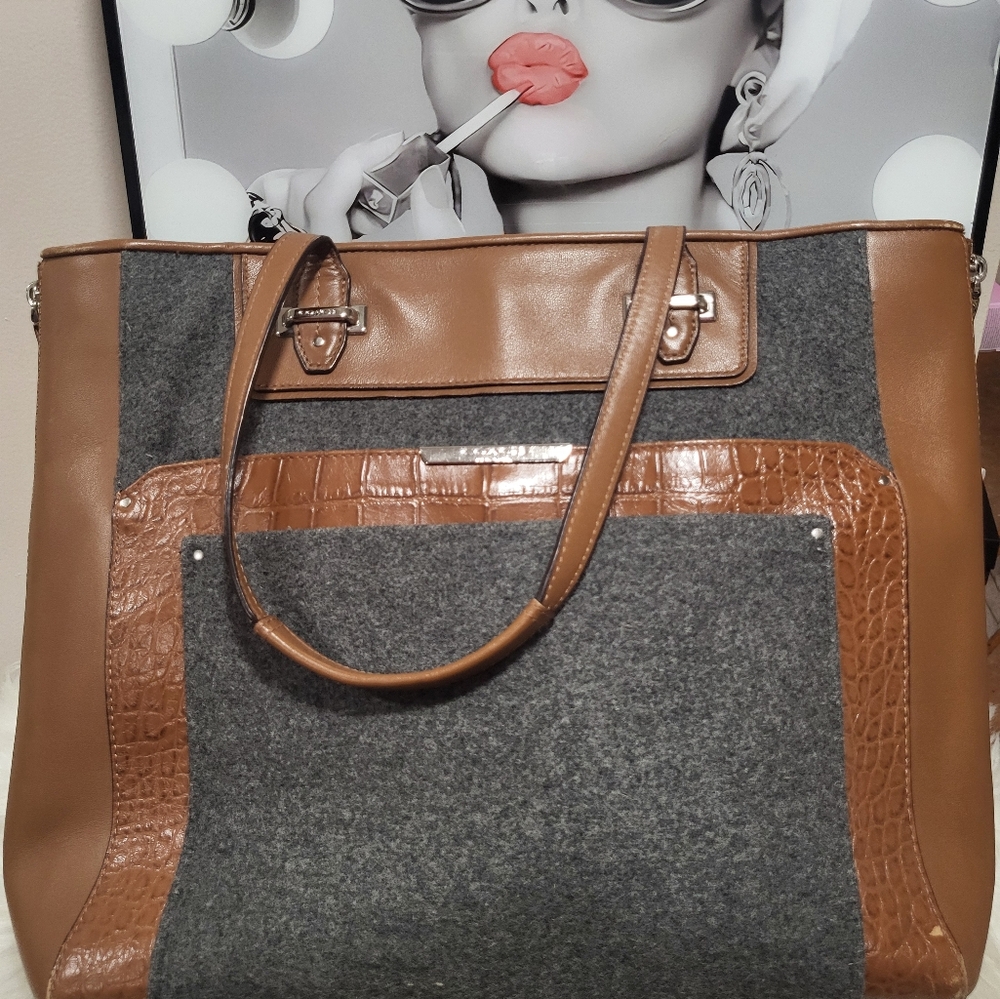 COACH TAYLOR WOOL CROC Brown and Gray Large Tote Bag / Expandable Sides VGUC